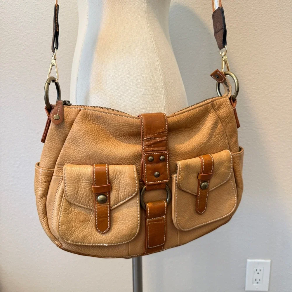 Luce Tan Pebbled Leather Crossbody Bag Multi Pocket Striped Strap Shoulder Bag